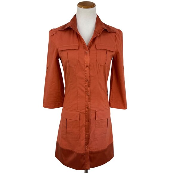 Vintage Y2K Bebe Rust Orange Belted Mini Shirt Dress w/Pockets & Satin Trim S - Picture 15 of 16
